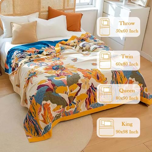 XIBLC Boho Throw Blanket, 100% Cotton Ultra Soft Luxury Throw Rustic Quilt, 50"x60" Floral Bird Butterfly Farmhouse Decor Bed Blankets, All Season Rustic Reversible Bohemian Throw for Bed - Yellow XIBLC