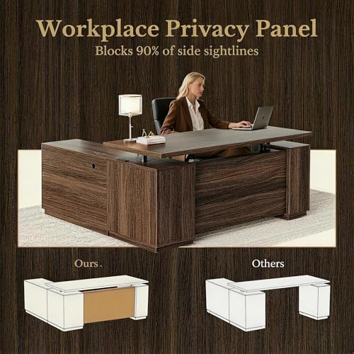Perledesign 70 Inches L Shaped Executive Standing Desk, Electric Height Adjustable Desk with File Cabinet, Computer Corner Table with AC/USB and Privacy Panel for Home and Office, Black Walnut Perledesign