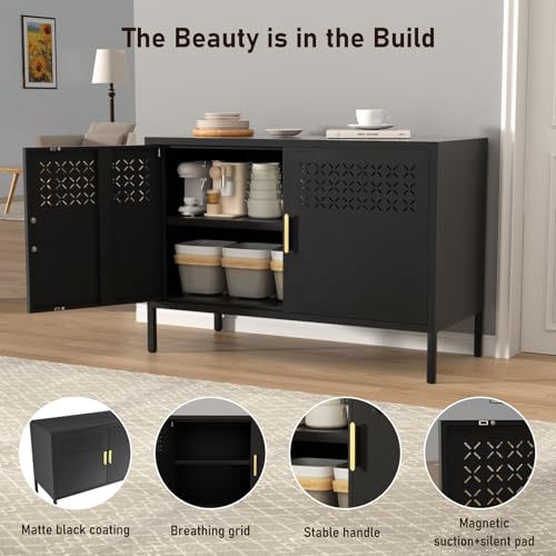Karlovit Storage Cabinet, Metal Accent Locker Storage Cabinet with 2 Doors, Magnetic Closure, Adjustable Shelf, Tv Stands & Metal Nightstand for Living Room, Entryway and Home - Black Karlovit