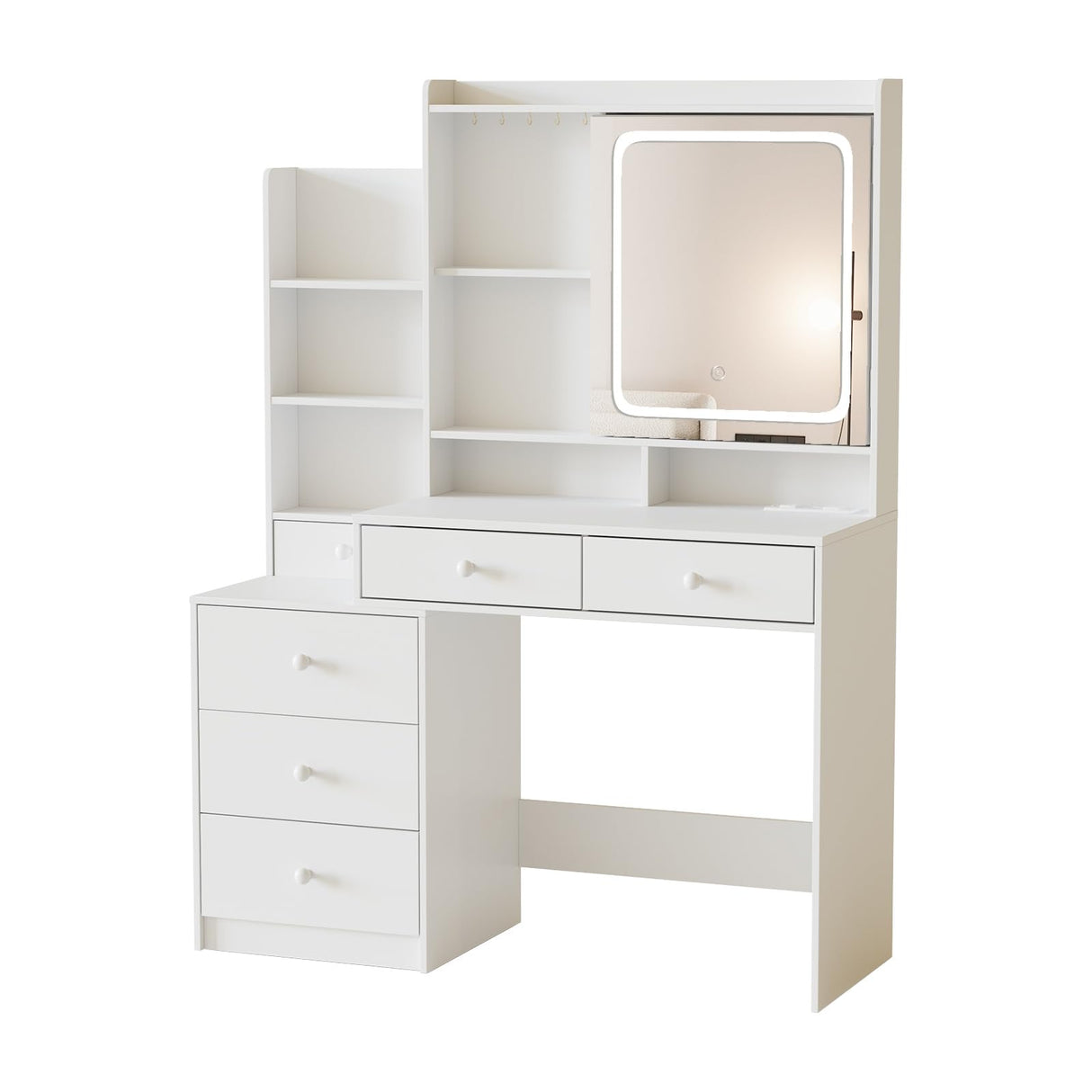 Vabches Vanity Desk with Mirror and Lights,Makeup Vanity with 6 Drawers and Shelves,Vanity Table with Power Outlet,Makeup Desk with Led Lighted Mirror in 3 Colors,for Bedroom,White Vabches