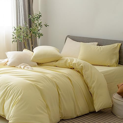 FOSSA Duvet Cover Set 100% Washed Cotton Linen Feel Super Soft Breathable Cozy 3 Pieces Bedding Sets Solid Pastel Yellow Full/Double FOSSA