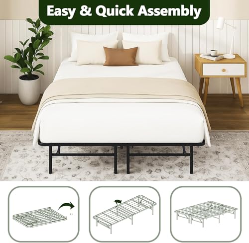 MAKE CHANGES Queen Folding Bed Frame, Heavy Duty Metal Queen Platform with 14" Storage, Easy Assembly, No Box Spring Needed, RV & Motel Ready MAKE CHANGES