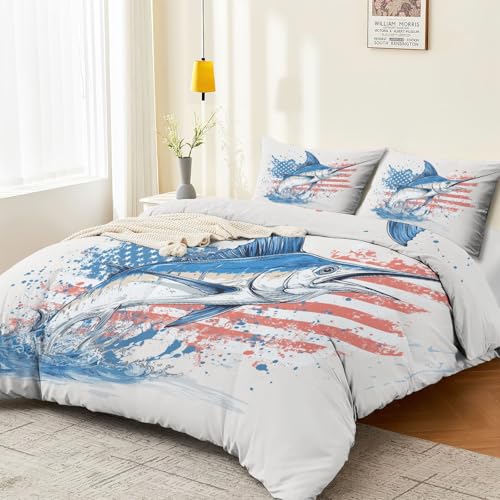 Aesthetic Duvet Cover Set White - Single 3-Piece Double-Sided Printed Bedding with Minimalist Fish Flag National Design, Ultra-Soft Microfiber Quilt Cover with Zipper for a Calm Generic