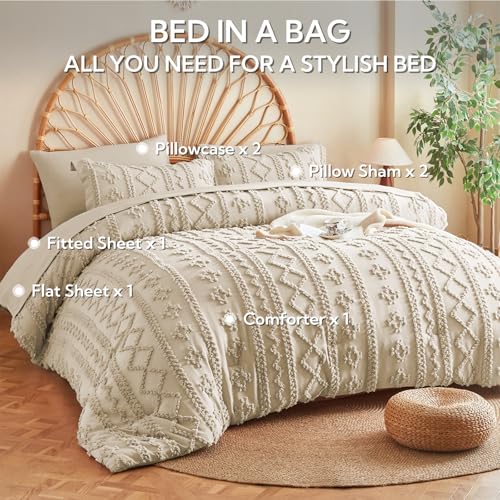 MR&HM Tufted Boho Comforter Set King Size, Linen Farmhouse Bedding Set, Bed in a Bag Set 7 Pieces with 1 Comforter, 2 Pillow Shams, 2 Pillowcases, 1 Flat Sheet, 1 Fitted Sheet for All Seasons MR&HM