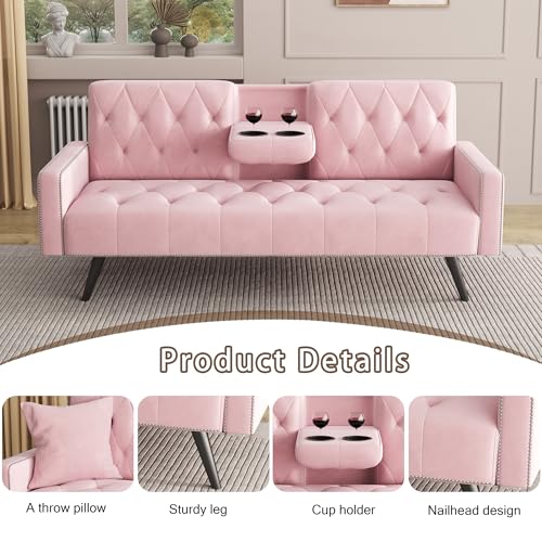 Modern Velvet 2 in 1 Futon Sofa Bed,Convertible Folding Sleeper Bed Couches with 2 Pillows,73" Tufted Recliner Love Seat with Golden Chrome Legs for Living Room Apartment Office (Pink) Anwick
