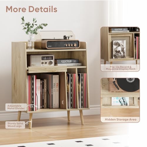 Large Record Player Stand with Open Shelf Storage Cabinet, Vinyl Record Storage Side Table with Rattan Magazine Rack, Turntable Stand Vinyl Record Holder with Solid Wood Legs for Living Room, Bedroom Mino Kesper