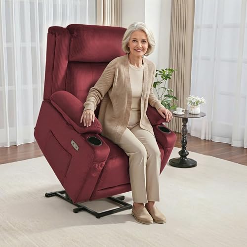 MCombo Triple Motor Power Lift Recliner with Massage and Heat, Electric Recliner Chair for Elderly People, Adjustable Headrest, Infinite Position, Cup Holders, USB Ports, Fabric 7661(Burgundy, Medium)