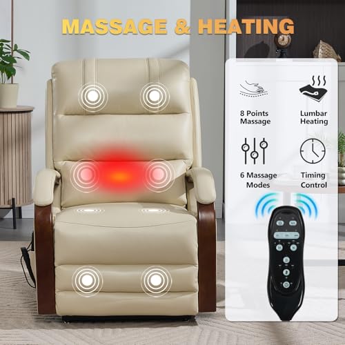 Trustyue Dual Motor Power Lift Recliner Chair, Lay Flat Recliner, Lift Chair with Massage and Heat, Standing Assistance, Infinite Position Reclining, Living Room Chair (Faux Leather Beige)