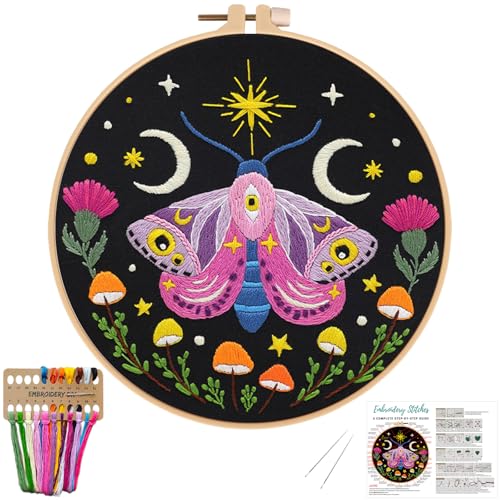 Nuberlic Moth Embroidery Kit for Beginners -Easy Cross Stitch Kits- Complete Embroidery Starter Set with Hoop, Pre-Printed Fabric, Threads & Needles