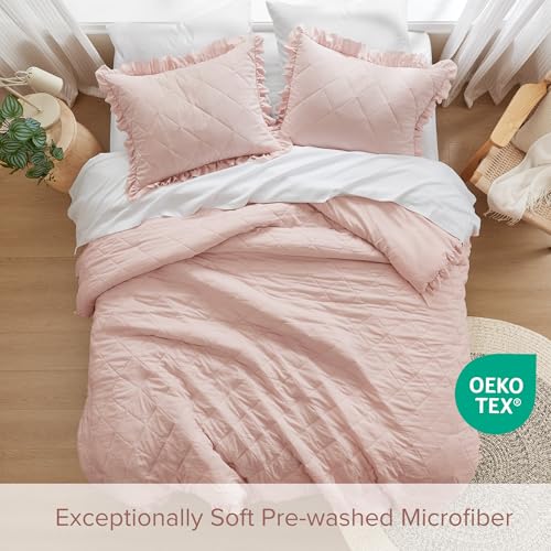 Comfort Spaces Blush Twin Duvet Cover Set - 2 Pieces Ruffle Diamond Quilted Duvet Cover, All Season Lightweight, Cotton-Like Softness Pre-Washed Microfiber Twin Bedding Cover & Sham, Twin Comfort Spaces