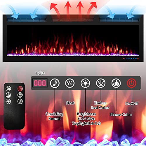 Dreamflame 50" Smart Electric Fireplace, WiFi-Enabled Control via Alexa& App, Recessed and Wall Mounted Fireplace Heater with Realistic Crackling Sound, Logs& Crystals,1500W, Black Dreamflame