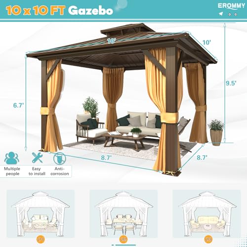 EROMMY 10' x 10' Hardtop Gazebo, Galvanized Steel Double Roof Gazebo with Aluminum Frame, Permanent Outdoor Metal Pavilion with Curtain and Netting for Patio, Lawn and Garden EROMMY