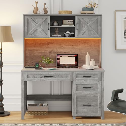 Farmhouse 67" H Executive Desk with Hutch,Office Desk with 4 Drawers and LED light, Wood Workstation for Home Office and Study, Computer Desk with Storage Cabinet,File Drawers, Charging Station.Gray Halitaa