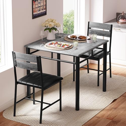IRONCK Dining Table Set for 2, Small Kitchen Table with Upholstered Chairs for Kitchen & Dining Room, Compact Dining Set for Small Spaces, Gray IRONCK