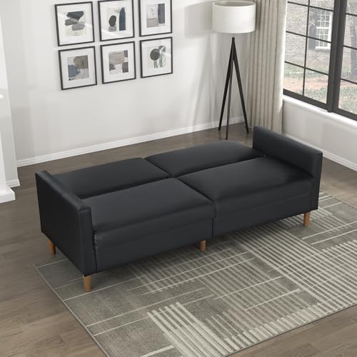 Lexicon 79"W Convertible Futon Sofa Bed, Loveseat, Faux Leather Upholstered Couch Sleeper, Adjustable Backrests, Padded Pocket Coil, Solid Wood Legs for Living Room, Bedroom, Apartment, Office, Black Lexicon