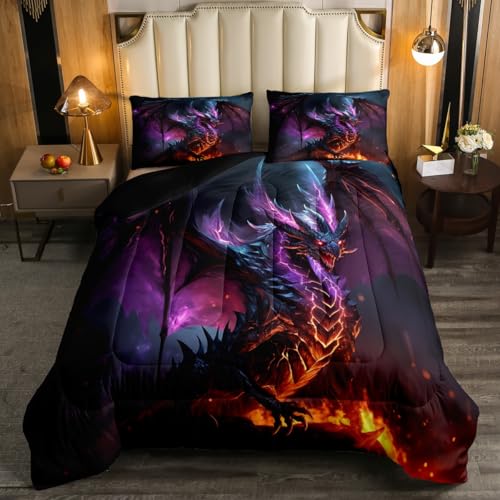 Erosebridal 3D Dragon Bedding Set King Magical Wildlife Comforter Set, Wild Animal Bedding Comforter Sets Gradient Lightning Down Comforter, Glowing Fire Duvet Insert Boys Girls Funny Home Decoratives Erosebridal