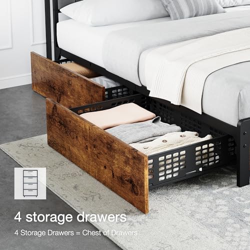 GarveeHome King Size Bed Frame with 4 Storage Drawers, Upholstered Storage Charging Headboard, Heavy Duty Metal Platform Bed Frame, Noise Free, No Box Spring Needed, Rustic Brown GarveeHome