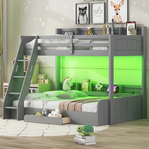Twin over Full Bunk Bed with Storage Shelves, Wood Twin Bunk Beds with Ladder and Built-in Drawer, Multifunctional Bunk Bed Frame with Led Lights and Charging Station for Kids Girls Boys, Gray Harper & Bright Designs