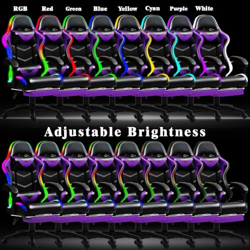 Czlolo RGB LED Lights Gaming Chair with Footrest for Adults and Kids, Lumbar Support Massager Video Game Chair, High Back Reclining Gamer Chair with Headrest, Swivel Office Computer Desk Chair(Purple) Czlolo