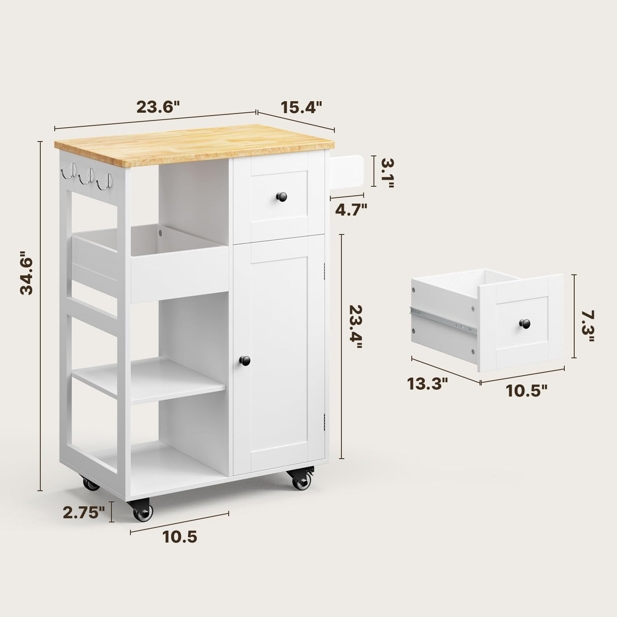 Gizoon Kitchen Island Cart on Wheels, with Thickened Wooden Countertop, Rolling Serving Utility Cart with Drawers and Doors, Bar Cart with Adjustable Shelf and Removable Tray for Dining Room, White Gizoon
