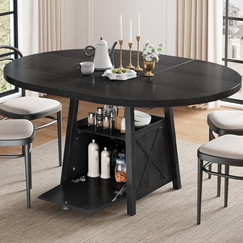 COSYSHINY 43.3"-59" Extendable Round Dining Table with Detachable Extension Plate for 4-8 People; Oval Kitchen Dining Table Equipped with Shelf and Storage Box for Kitchen Living Room (Black) COSYSHINY