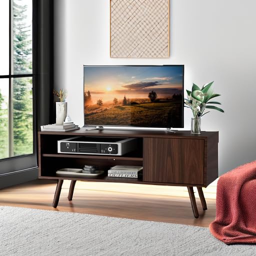 Cozy Castle TV Stand for 48 Inch TV, Mid Century Modern Entertainment Center with Storage Cabinet, TV Media Console for Living Room, Bedroom, Dark Brown Cozy Castle