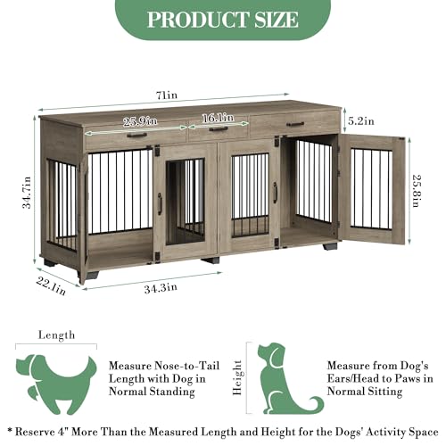 71''Wooden Dog Crate Furniture for 2 Dogs, XXL Indoor Double Dog Kennel with 3 Storage Drawers and Removable Divider, Wooden Double Doors, Large Dog Crate TV Stand End Table, Gray GarveeTech