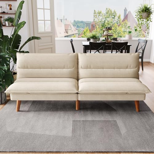 LINSY HOME Futon Sofa Bed - Convertible Corduroy Futon Couch Bed with Adjustable Backrest, Modern Small Loveseat Sleeper Sofa for Small Spaces, Living Room, Apartment or Office (Beige) LINSY HOME