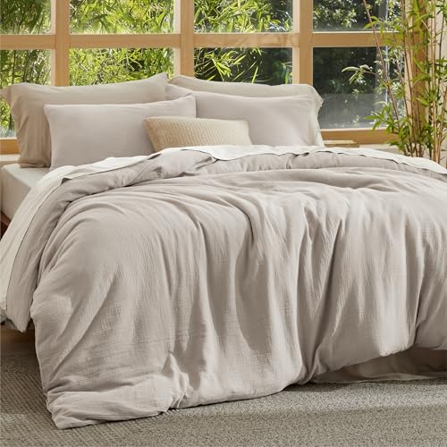 Bedsure Muslin Duvet Cover Queen Size - Cotton Blend Rayon Derived from Bamboo, Cooling Duvet Covet for Hot Sleepers - Ultra-Soft & Breathable Bedding Set for All Seasons(Oat Milk, 90"x90") Bedsure