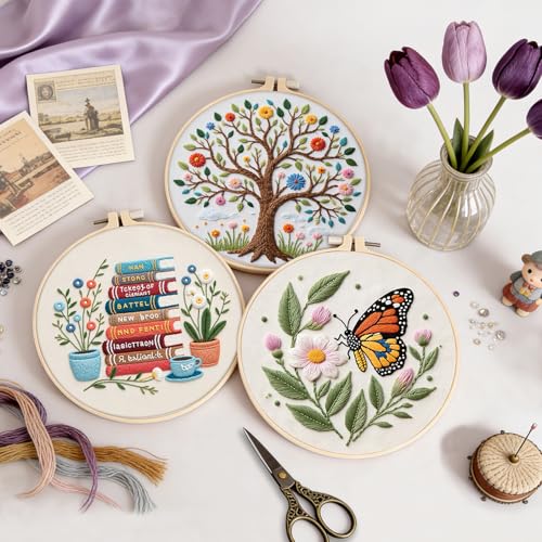 3 Sets Embroidery Kit for Beginners with Stitch Video, Flower Butterfly Tree Books Cross Stitch Kits for Adults, Needle Point Kits with Stamped Pattern, Hoop, Needles, Tools, DIY Arts and Crafts