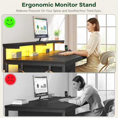 DurayLoly 47.2" Gaming Desk with Power Outlet and LED Lights,Computer Desk with Adjustable Monitor Stand and Drawer,Office Desk with CPU Stand for Home Work,Study and Gaming, Small Spaces,Black DurayLoly