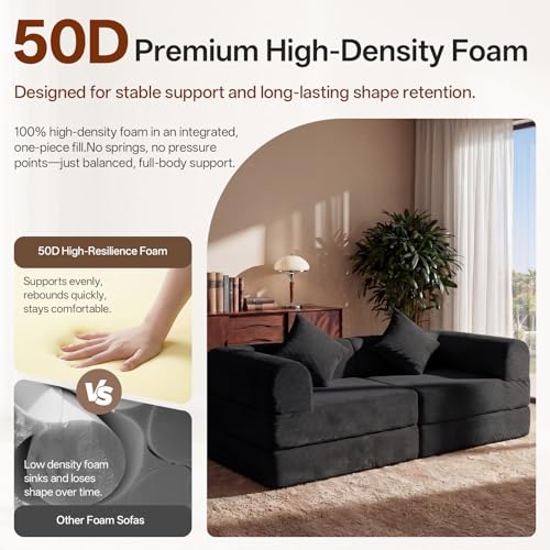 LunaHush 74.8’’ Boneless Modular Convertible Sofa Bed, Fold-Out Floor Couch Loveseat, All-Foam Futon Mattress Couch, Corduroy Sleeper Sofa for Living Room & Small Spaces, No Assembly Required, Black LunaHush