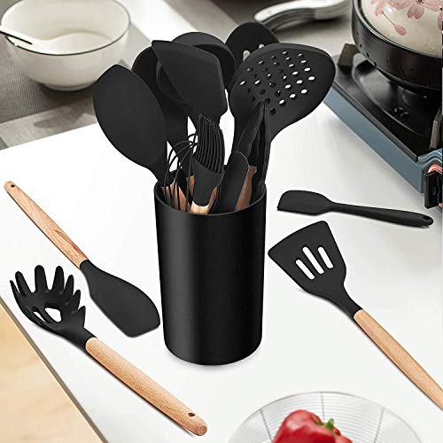LIANYU 15-Piece Kitchen Silicone Cooking Utensils Set with Holder, Wooden Handle Kitchen Tools Include Spatula Tong Slotted Spoon Turner Whisk Brush, Black LIANYU