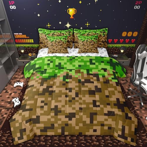 Miners Style Square Grid 7Pcs Comforter Set Twin Size,Brown Green Army Camo Bedding Set for Kids Boys Teens Men Room Decor,Cartoon Gamepad Reversible Bed in a Bag Pixelated Games Flat Fitted Sheet Castle Fairy