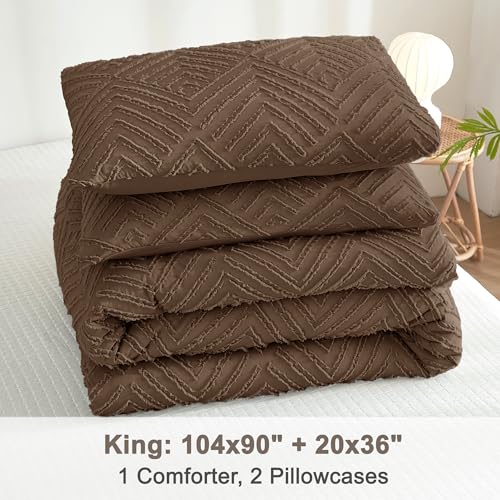 Litanika Brown King Size Comforter Set, 3 Pieces Tufted Boho Farmhouse Bedding Comforter Sets, Lightweight Fluffy Comforter Bed Set for All Season (104x90In Comforter and 2 Pillowcases) Litanika