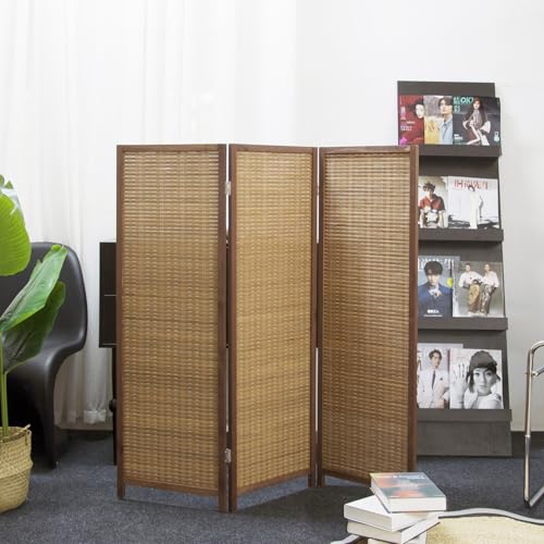 Furnnylane 3 Panel Short Room Divider Screen,Brown Freestanding Partition,Small Bamboo Panel Divider for Room Seperation,3.95 FT Tall Furnnylane