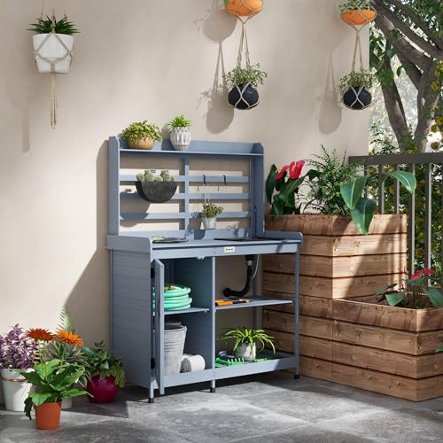 Outsunny Wooden Potting Bench, Outdoor Potting Table with Storage Cabinet, Storage Shelves for Backyard, Patio, Balcony, Gray Outsunny