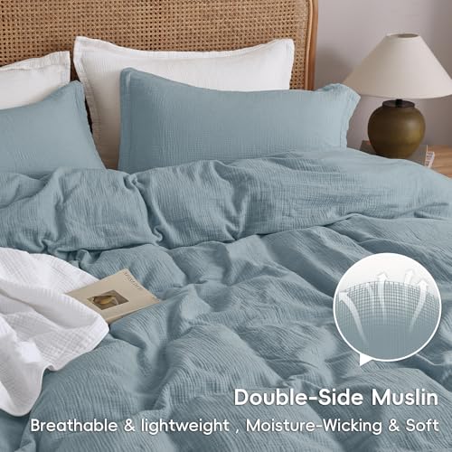 PHF 100% Natural Cotton Muslin Duvet Cover Set King Size, Ultra Soft Breathable Absorbent, Luxurious Minimalist Gauze Bedding for All Season, Duvet Set with 2 Pillow Shams, 104" x 90", Dusty Blue PHF