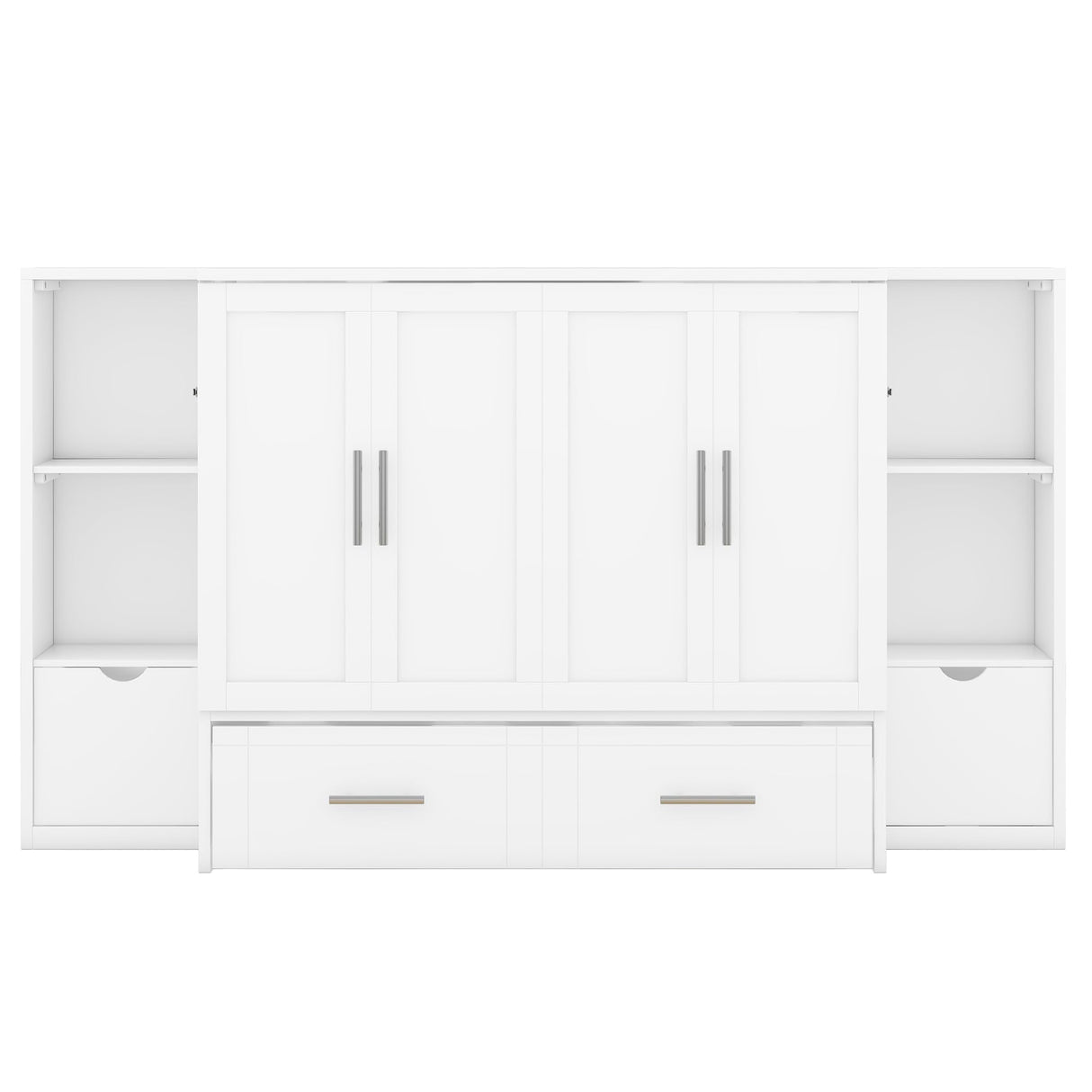 Queen Size Murphy Bed Cabinet with Storage Shelves & USB Ports,Wood Mobile Cabinet Bed with 2 Drawers, Murphy Chest Bed Queen,Space-Saving Folding Murphy Bed Queen for Teens,Adults,White Bellemave