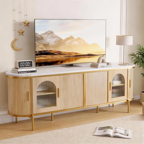 MXV 70" Fluted TV Stand for TVs up to 80", Mid Century Modern Entertainment Center with Sliding Doors & Glass Door, TV Console Table with Faux Marble Top for Living Room, Oak MXV
