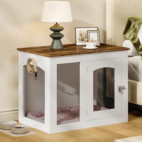 CHOEZON Wooden 30.1" Dog Crate Furniture, Farmhouse Pet Cage End Table with Secure Lock, Ventilated Mesh for Medium Dogs, Dog Kennel Furniture for Living Room, Bedroom, White and Walnut MGW02WL CHOEZON