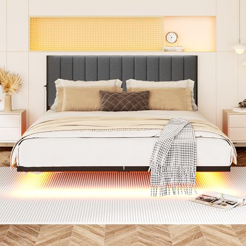 JUISSANO Floating Full Bed Frame with LED Lights & Charging Station,Metal Platform Bed Frame Full Size with Upholstered Headboard,No Box Spring Needed,Heavy Duty Steel Slats,Easy to Assemble No Noise JUISSANO