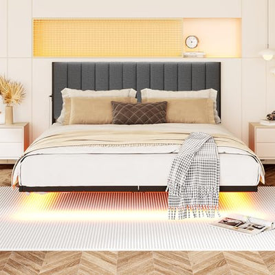 JUISSANO Floating Full Bed Frame with LED Lights & Charging Station,Metal Platform Bed Frame Full Size with Upholstered Headboard,No Box Spring Needed,Heavy Duty Steel Slats,Easy to Assemble No Noise