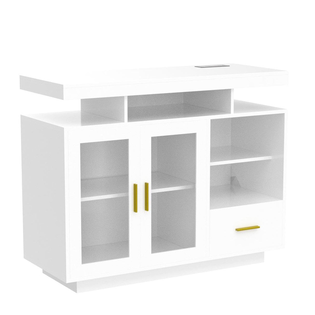 WOOVIVS 39.4" Modern LED Sideboard Buffet Cabinet with Charging Station, High Glossy Cupboard with Motion Sensor Light, Coffee Bar Storage Cabinet with Acrylic Panel for Living Room, Kitchen (White) WOOVIVS