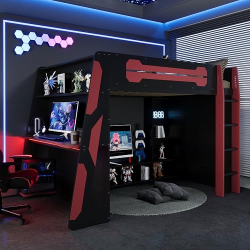 Polibi Wood Full Size Gaming Loft Bed with Desk and Shelf,Bed Frame with LED Light,USB Ports and Storage Cabinet,Red Polibi
