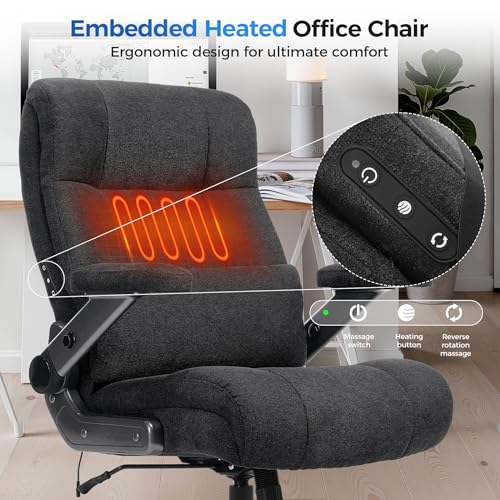 600LBS Big and Tall Massage Office Chair, Extra Wide Seat - 3D Kneading Massage & Heat Office Chair with Heavy Duty Metal Base, 3D Flip Arms, Fabric Ergonomic with Thick Spring Cushion CHAIRKER
