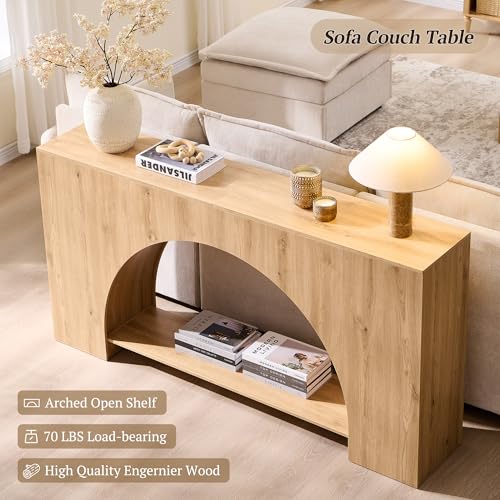 IFGET 63" Arched Console Table, 2-Tier Modern Entryway Table with Arched Base, Narrow Long Wood Sofa Table Behind Couch Table for Living Room, Hallway, Foyer, Natural IFGET