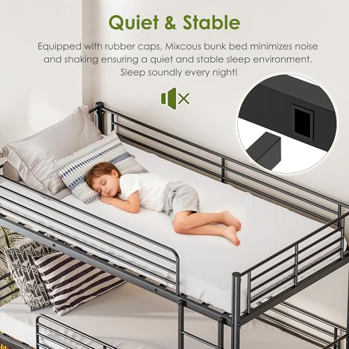 NKISHECK Triple Bunk Beds, 3 Bunk Bed Twin Over Twin Over Twin with 2 Ladders, Metal Frame with Guardrails,Heavy Duty Triple Bed Frame for Teenagers/Adults Bedroom, No Box Spring Needed NKISHECK