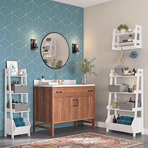 RiverRidge Amery 4-Tier 13 Inch Ladder Shelf Display Case Open Shelves & Storage Bin and 2 10” Floating Bookshelves - Organizer Furniture RiverRidge