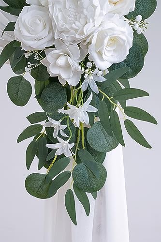 Olalaka White Artificial Wedding Arch Flowers Kit (Pack of 3) with 26Ft White Shiny Arch Draping Fabric for DIY Wedding Party Ceremony Reception Backdrop Floral Decoration Olalaka
